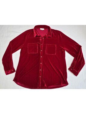 Umgee Womens Red Velvet Button-Up Shirt 1XL Long Sleeve Collar Pockets